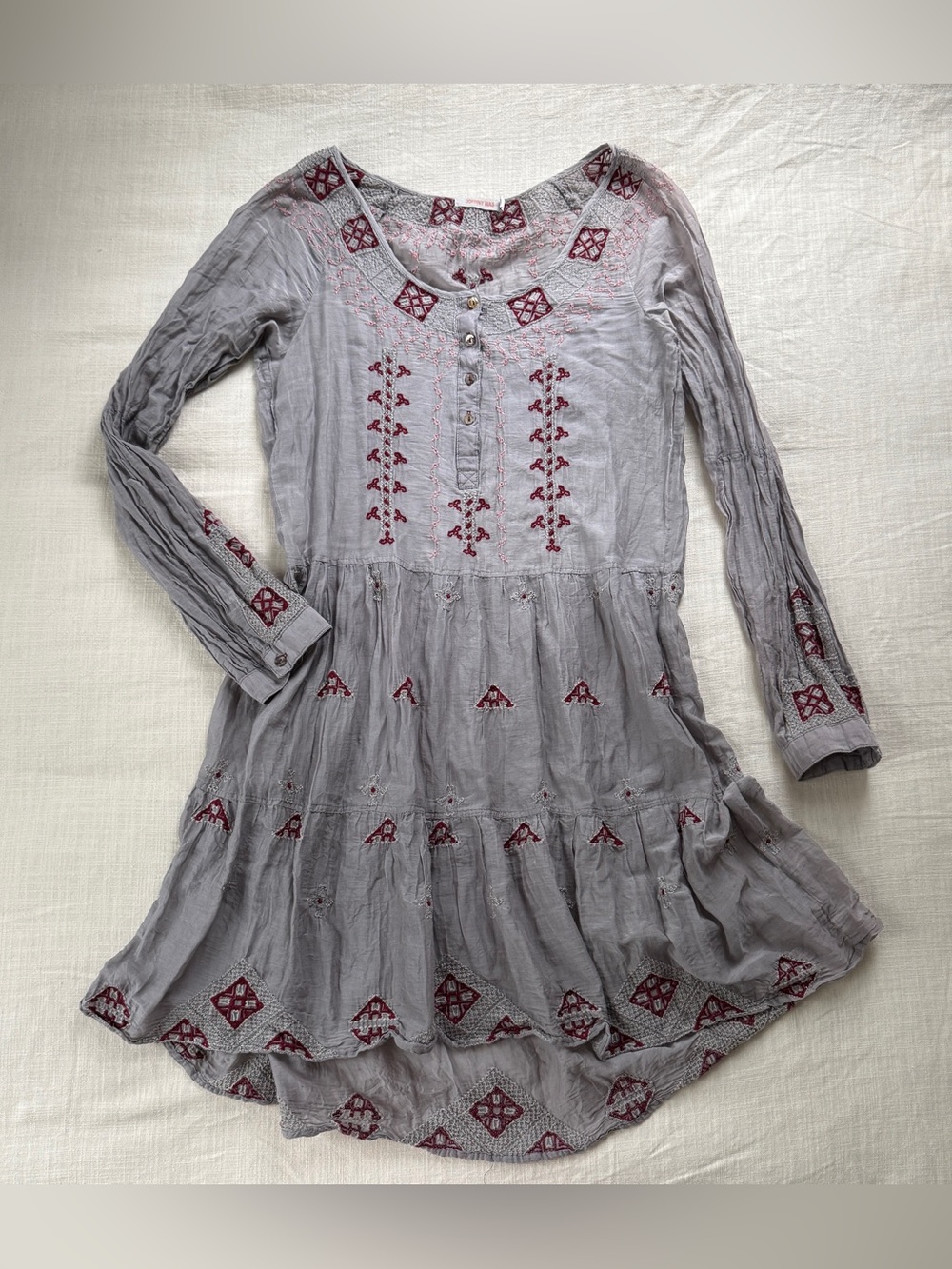Johnny Was Ava Gray Embroidered Peasant Dress Silk Cotton Boho M